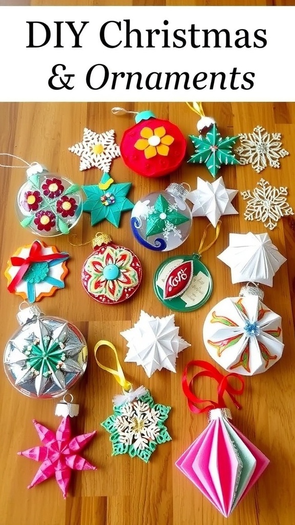 A variety of DIY Christmas ornaments made from felt, glass, and paper, showcasing vibrant colors and creative designs.